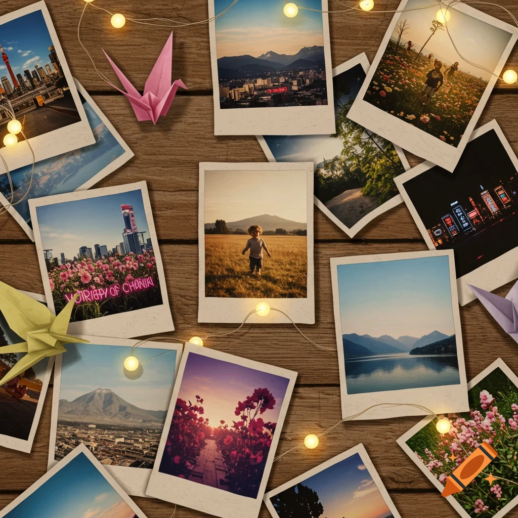 A flat lay of diverse polaroid photos, fairy lights, and paper cranes on a wooden table.