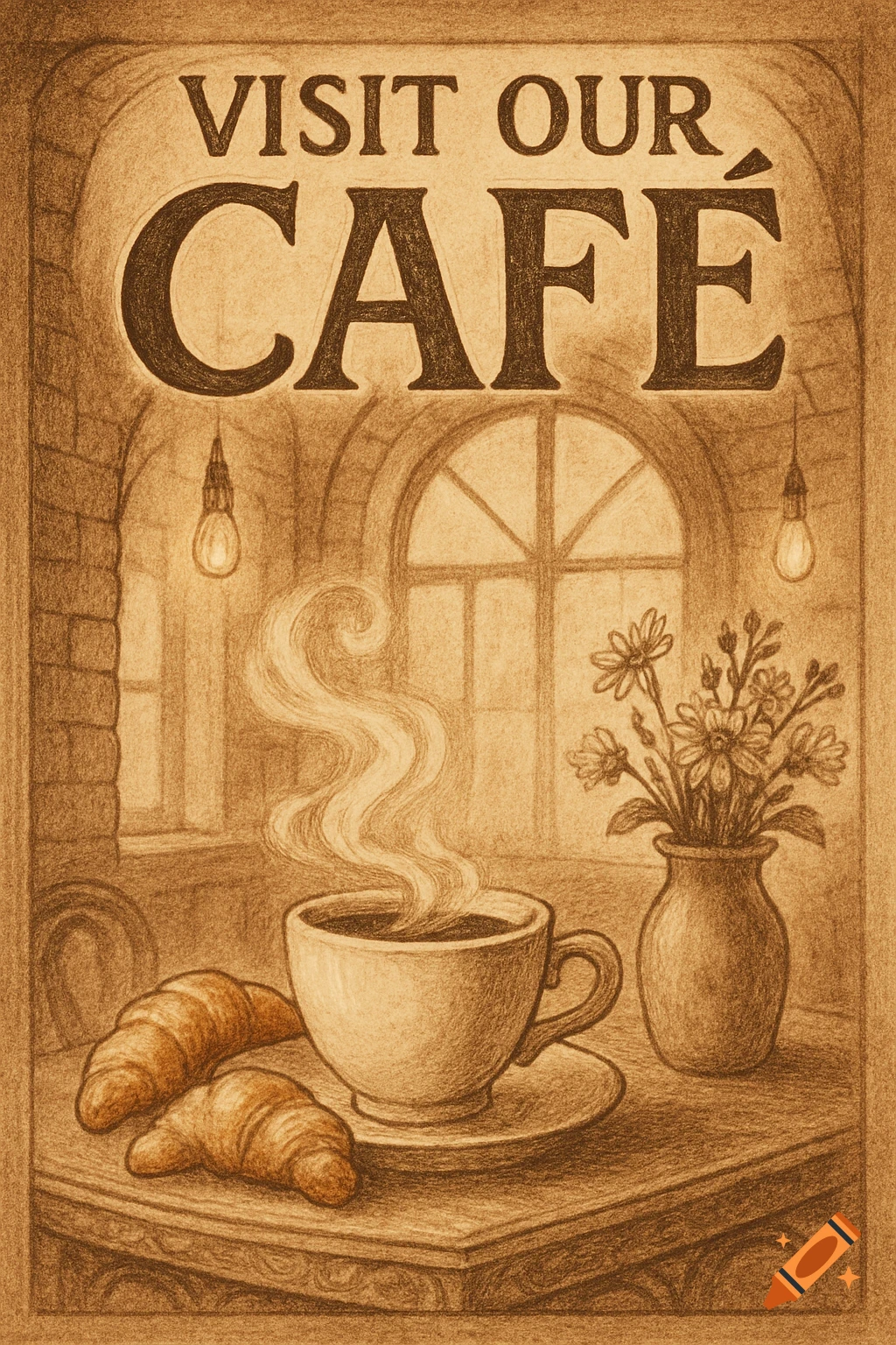 Sepia-toned pencil sketch poster for a cafe, showing coffee, croissants, and flowers, with 'VISIT OUR CAFÉ' text.