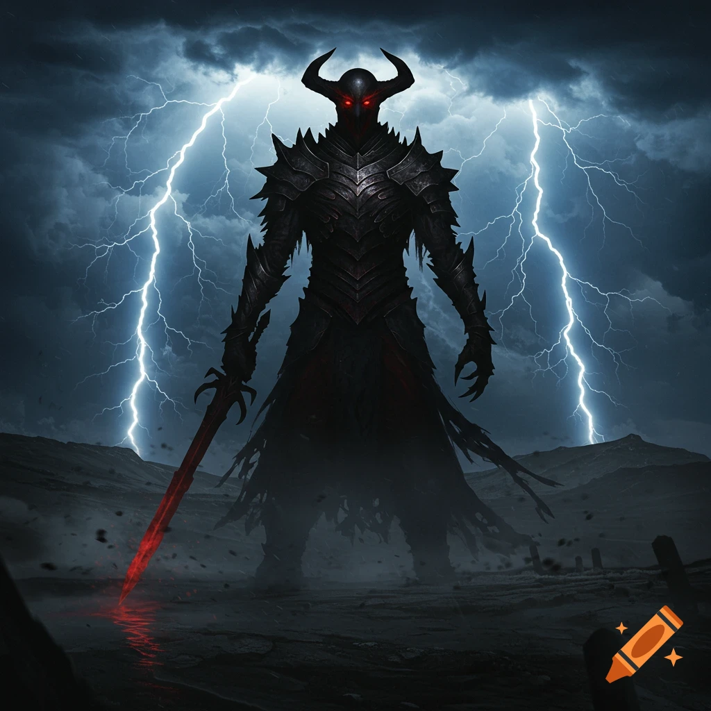 A dark armored demon-like warrior with glowing red eyes and horns stands on a desolate landscape, holding a glowing red sword under a stormy sky with lightning.