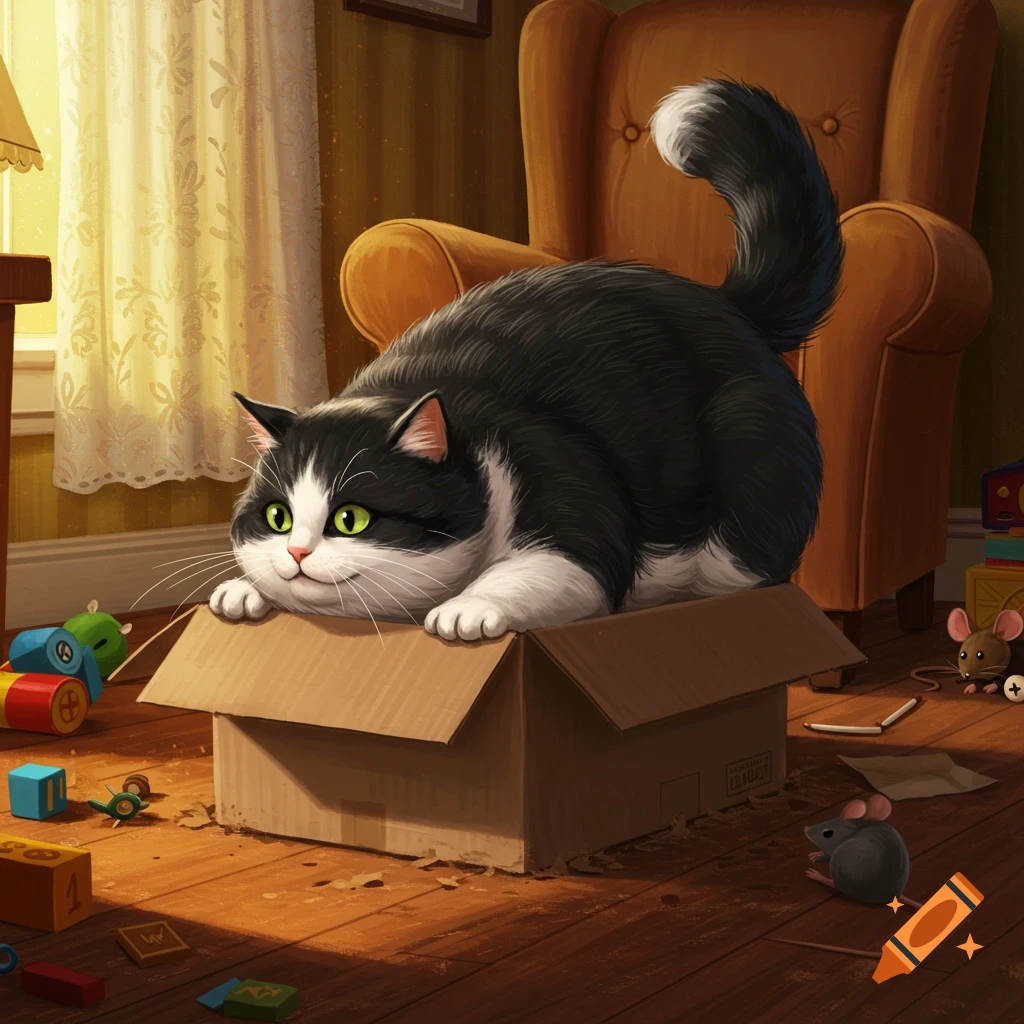 A fluffy black and white cat tries to fit into a small cardboard box, surrounded by toys in a cozy, illustrated room.