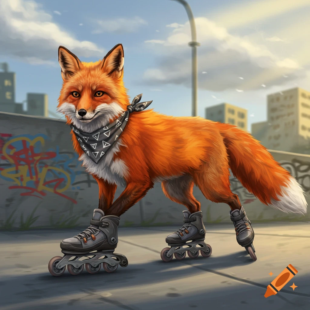 A red fox wearing a bandana and inline skates stands on an urban street with graffiti. Digital art style.