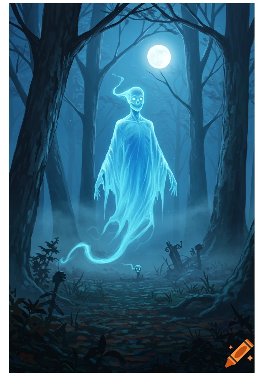 A blue glowing ghost with a skull-like face hovers in a dark, misty forest under a bright full moon.