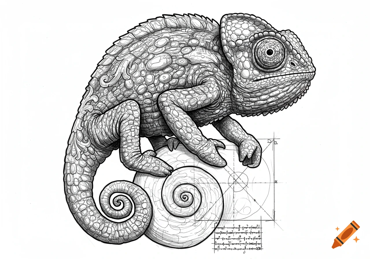 Black and white line art of a chameleon perched on a spiral shell, with scientific diagrams and illegible text in the background.