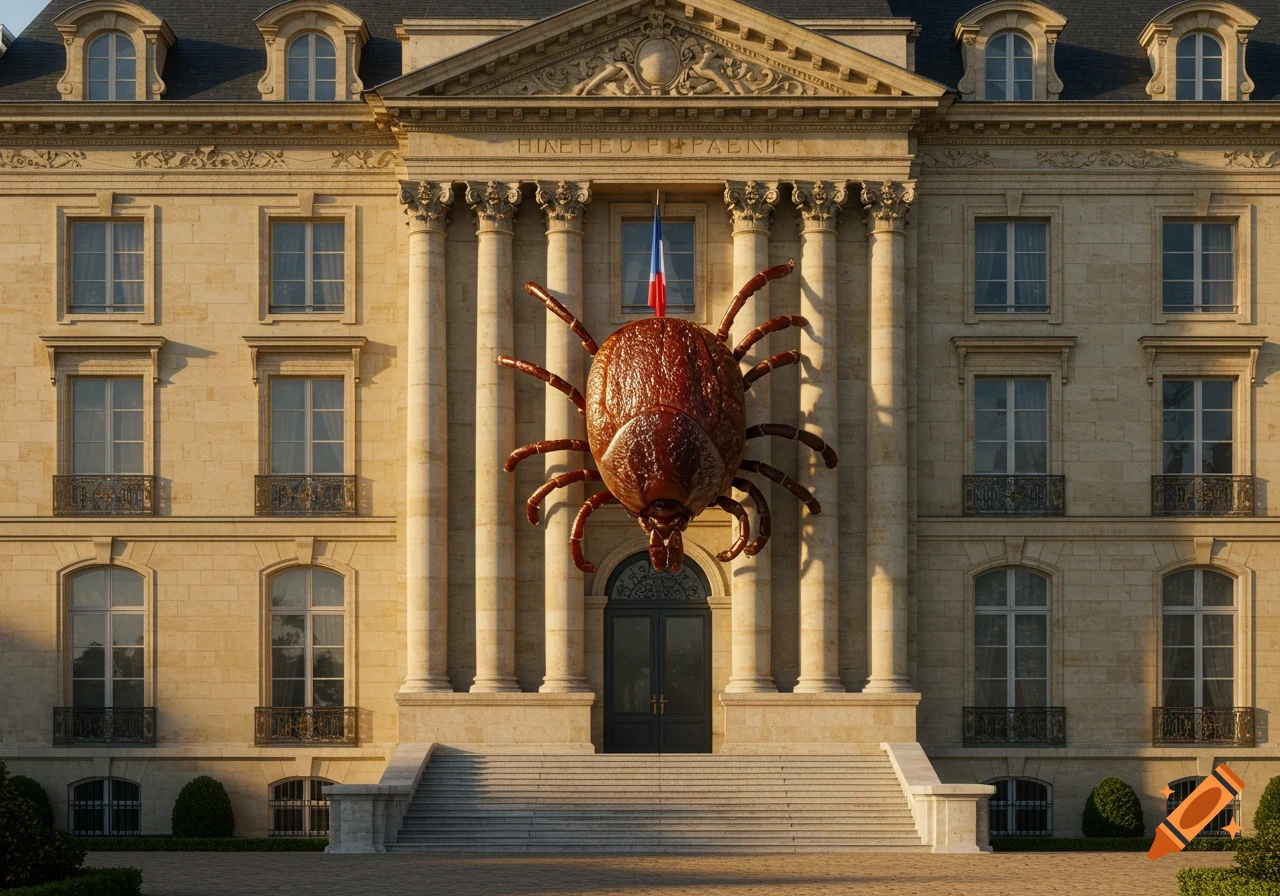 A large, photorealistic brown tick clings to the ornate facade of a classical stone building with a French flag.