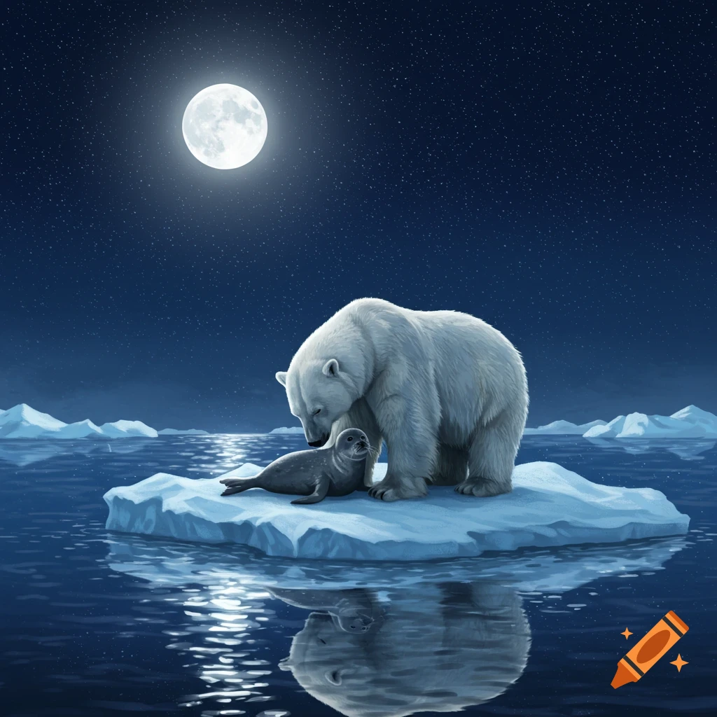 A gentle illustration of a polar bear looking at a seal on an ice floe under a full moon and starry night sky.