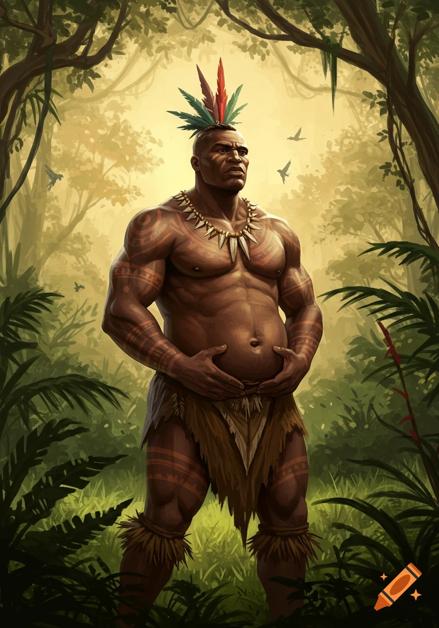 A muscular male tribesman with a feathered headdress and body paint stands in a lush jungle, holding his distended belly.