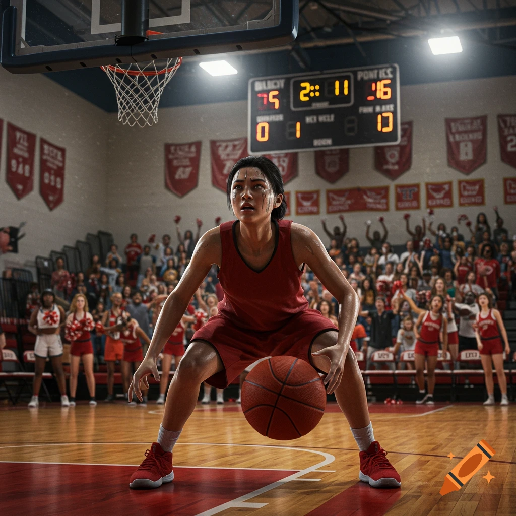 A photorealistic image of a female basketball player dribbling on a court during a game, with a scoreboard and fans in the background.