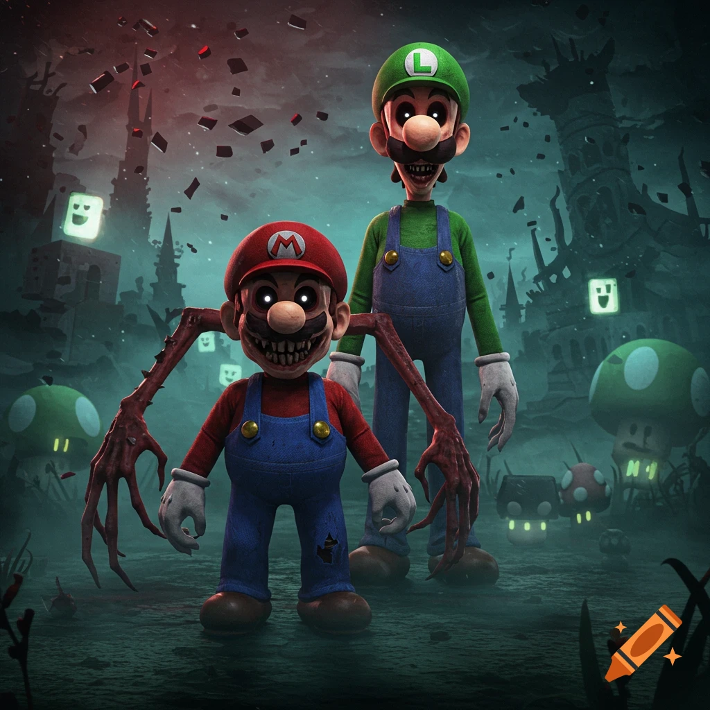 Creepy, glowing-eyed Mario with long, skeletal arms stands next to Luigi in a dark, distorted Mario Bros. world.