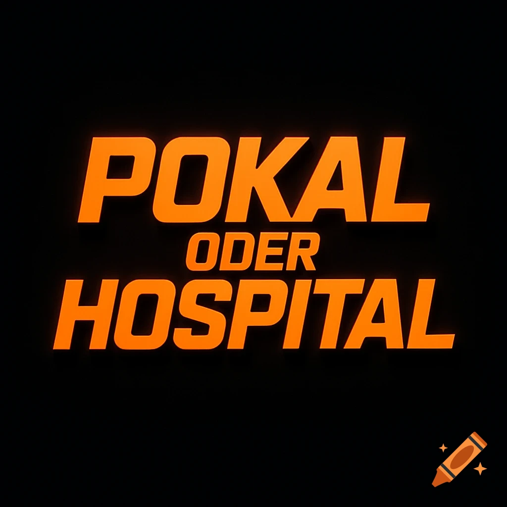 Orange text 'POKAL ODER HOSPITAL' on a black background, in a stylized, bold font.