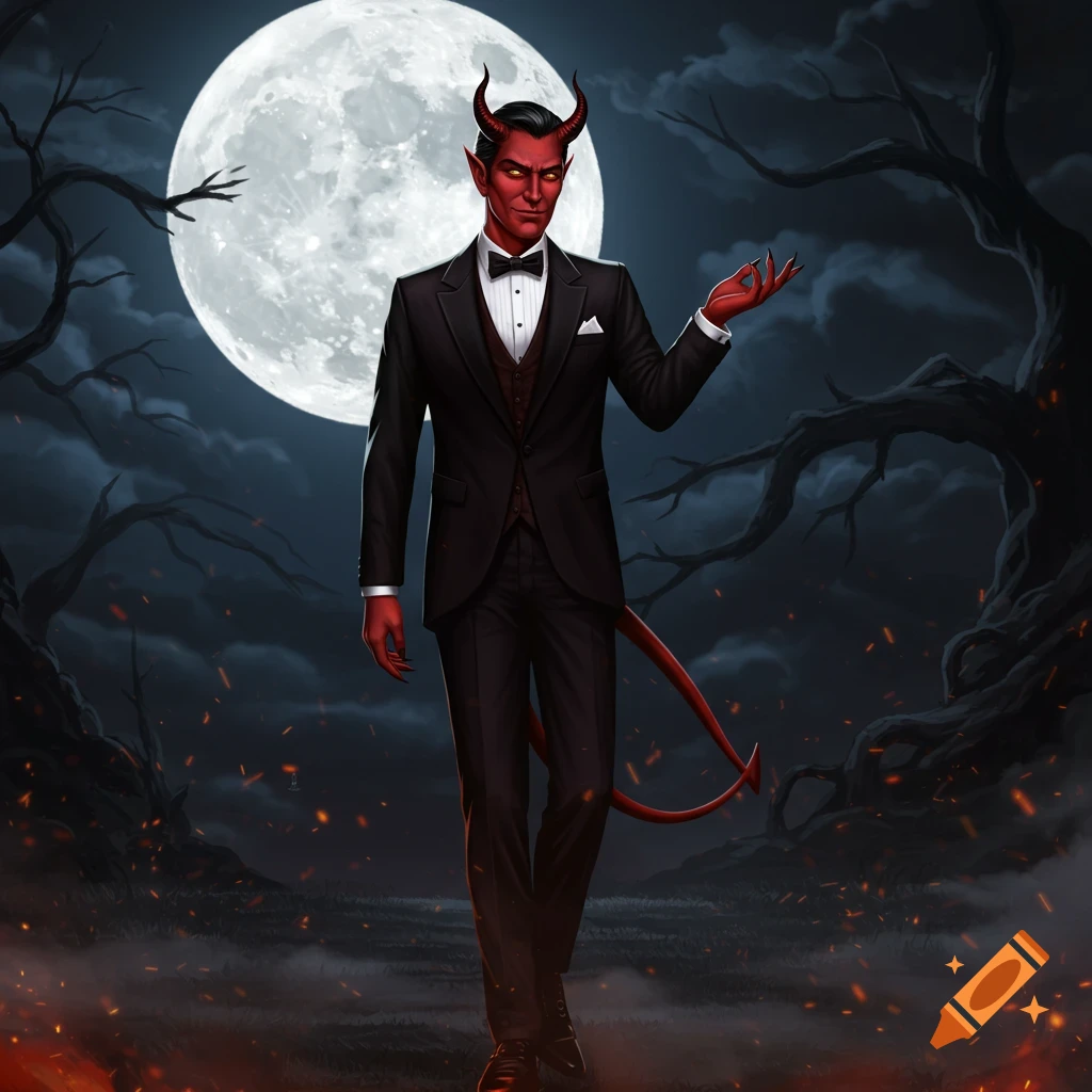 A stylish red-skinned devil in a black tuxedo stands with his hand out, against a large full moon in a dark, fiery forest.