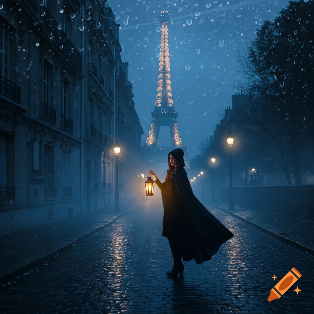 A young woman in a black cloak with a lantern walks down a dark, rainy cobblestone street in Paris with the Eiffel Tower in the background.
