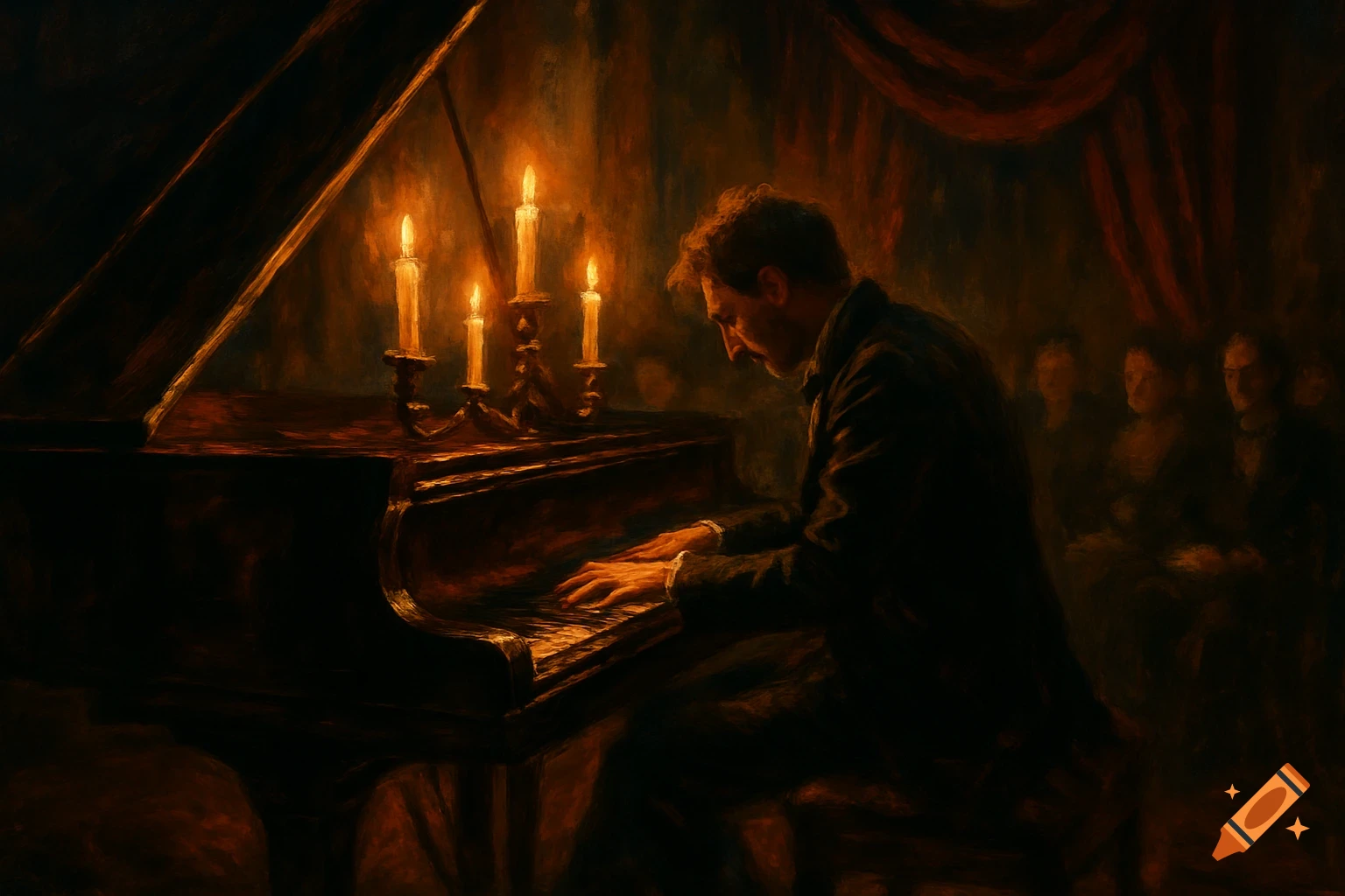 Man playing a grand piano by candlelight, with an audience in the background, in a dark, dramatic oil painting.