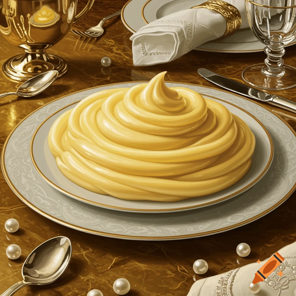 A rich swirl of yellow cream on a decorative white and gold plate, surrounded by pearls, silverware, and a golden cup on a luxurious marble table.