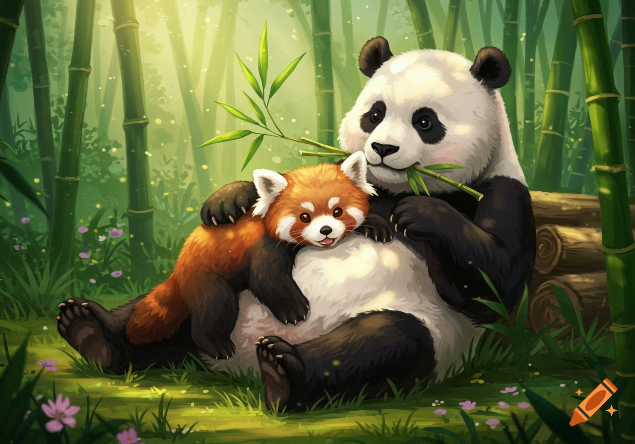 A cute illustration of a giant panda eating bamboo leaves while holding a red panda in a lush bamboo forest.