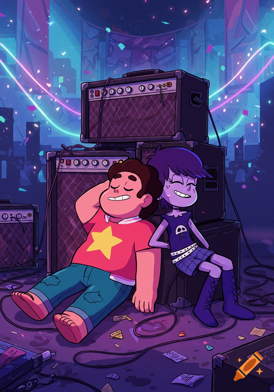 Steven Universe and Luna Loud resting against stacked guitar amplifiers on a confetti-strewn floor after a concert, in a vibrant cartoon style.