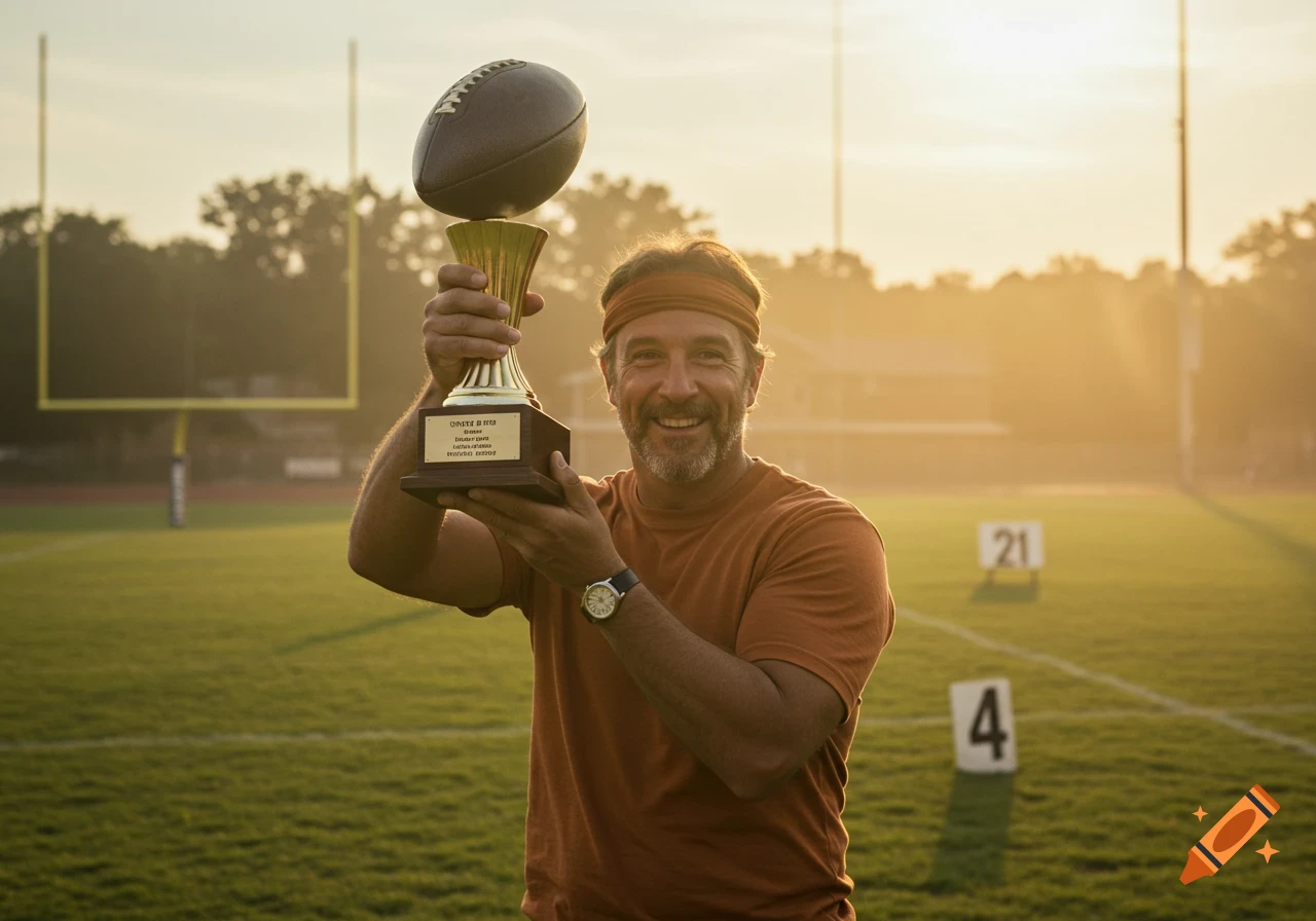 A smiling man with a headband holds a football trophy on a grassy field with goalposts at sunset.