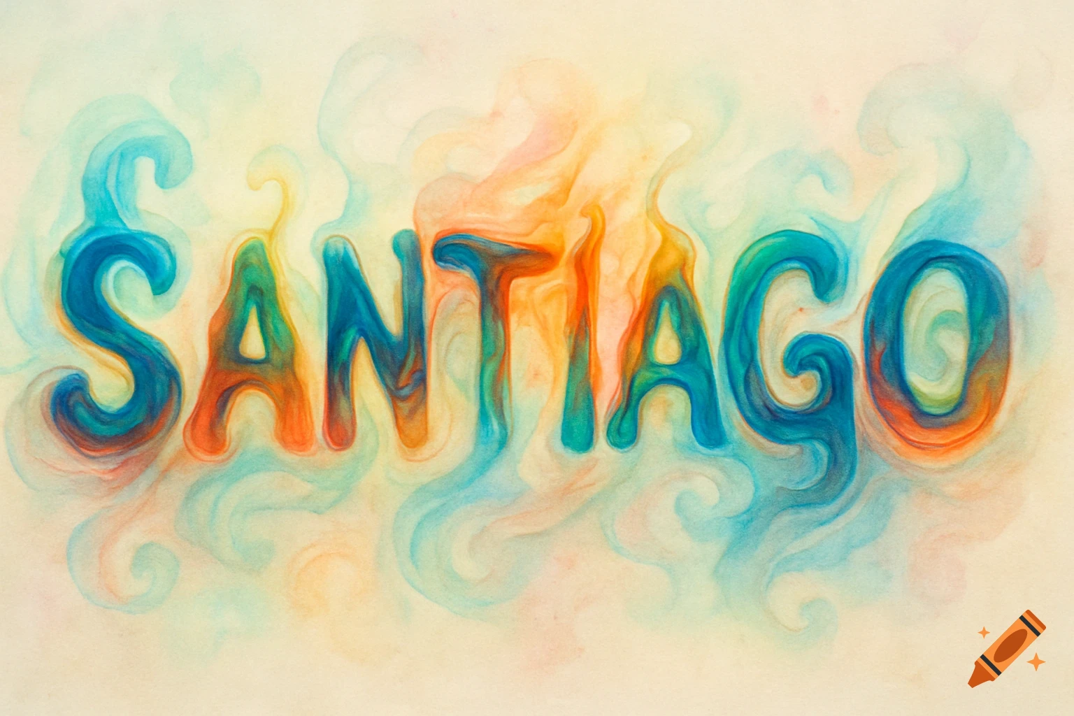 The word SANTIAGO rendered in vibrant, flowing watercolor with blue, orange, and green tones against a light background.