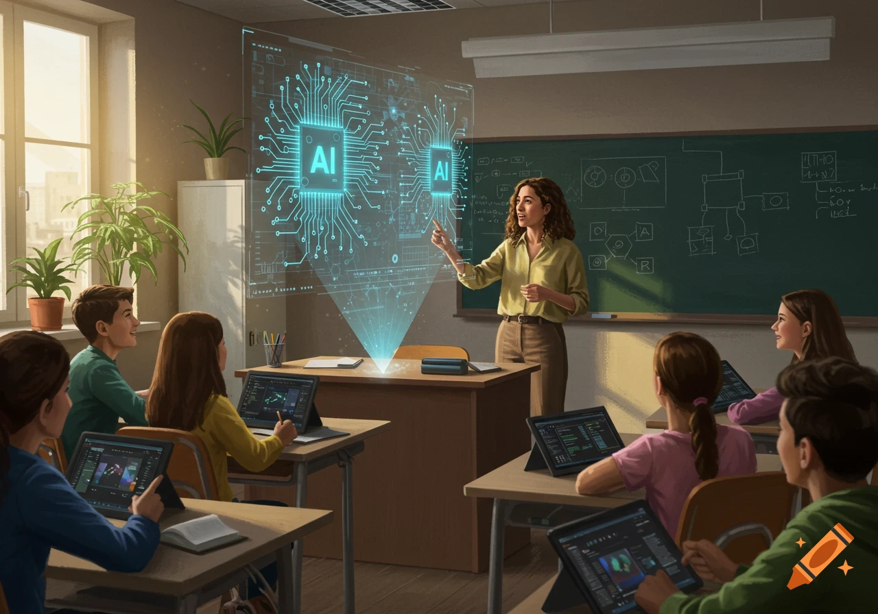 A teacher presents a holographic display with 'AI' circuit board graphics to her students in a classroom, who are working on laptops.