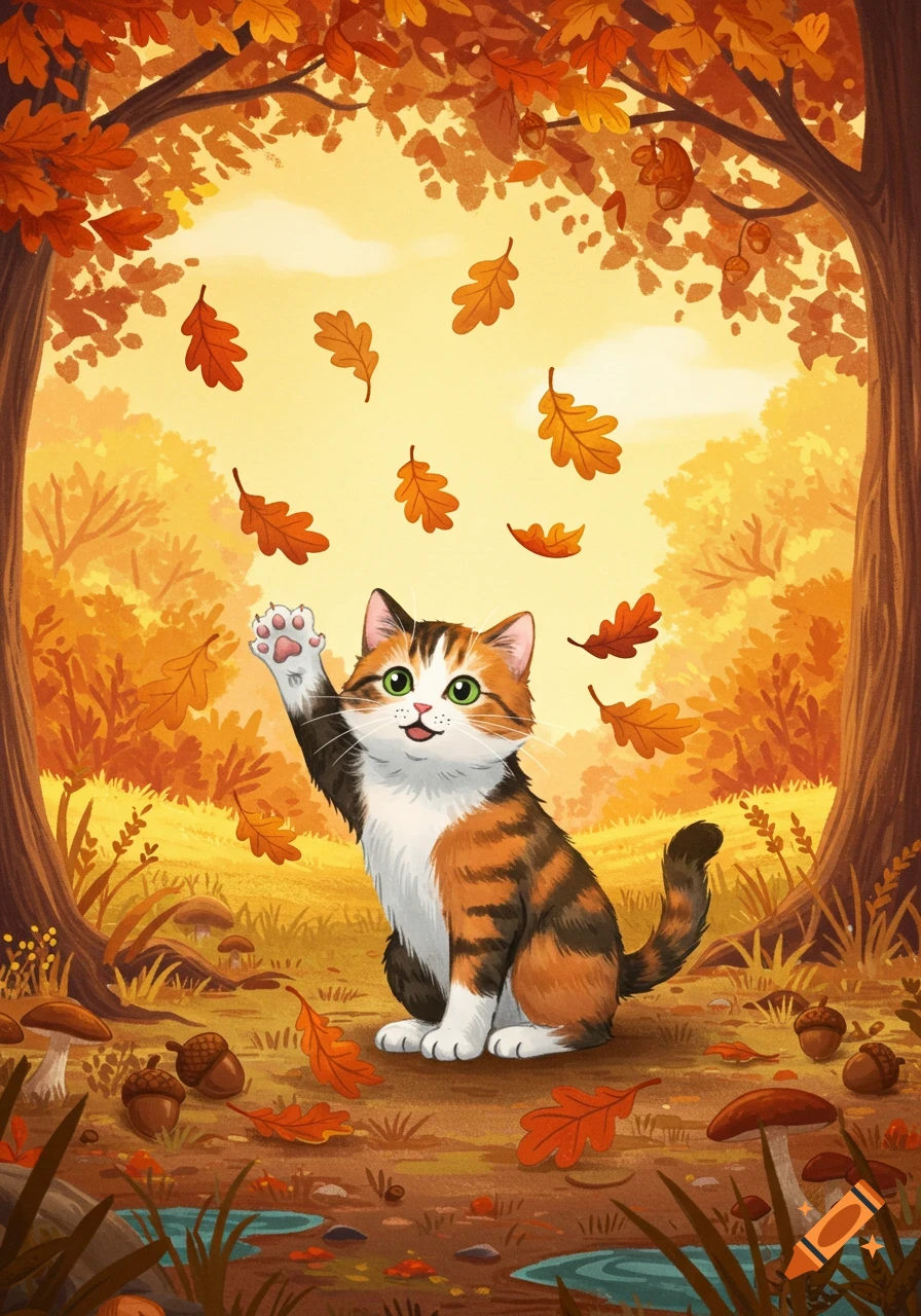 A cute calico cat with green eyes raises its paw, playing with falling orange and red autumn leaves in a forest clearing. Illustration.