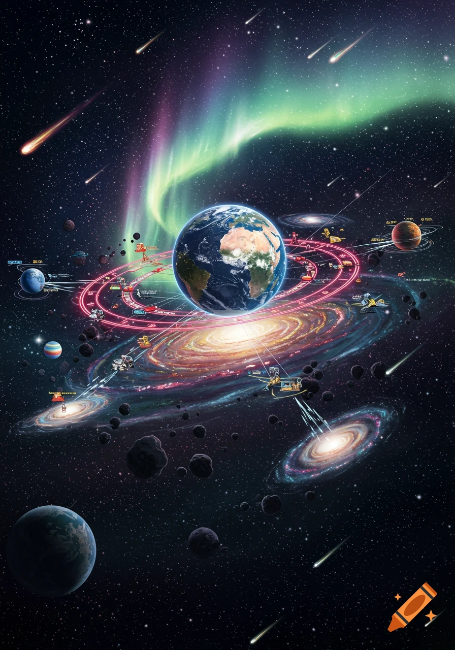 Earth and planets in a vibrant cosmic scene, surrounded by spiral galaxies, meteors, and aurora, with glowing red lines connecting small spacecraft.