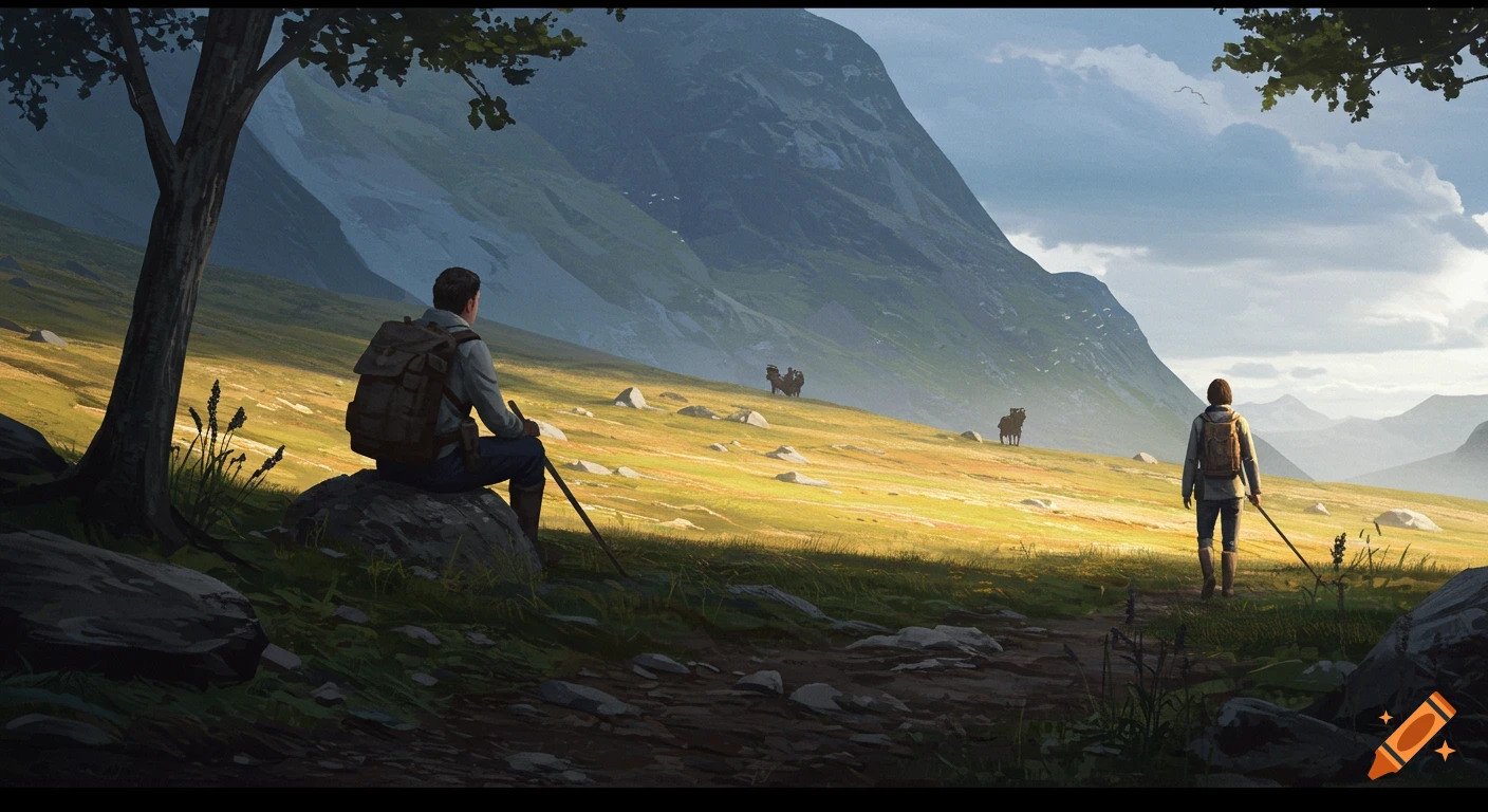 Two hikers in a vast, sunny mountainous landscape with a tree in the foreground. Digital art.