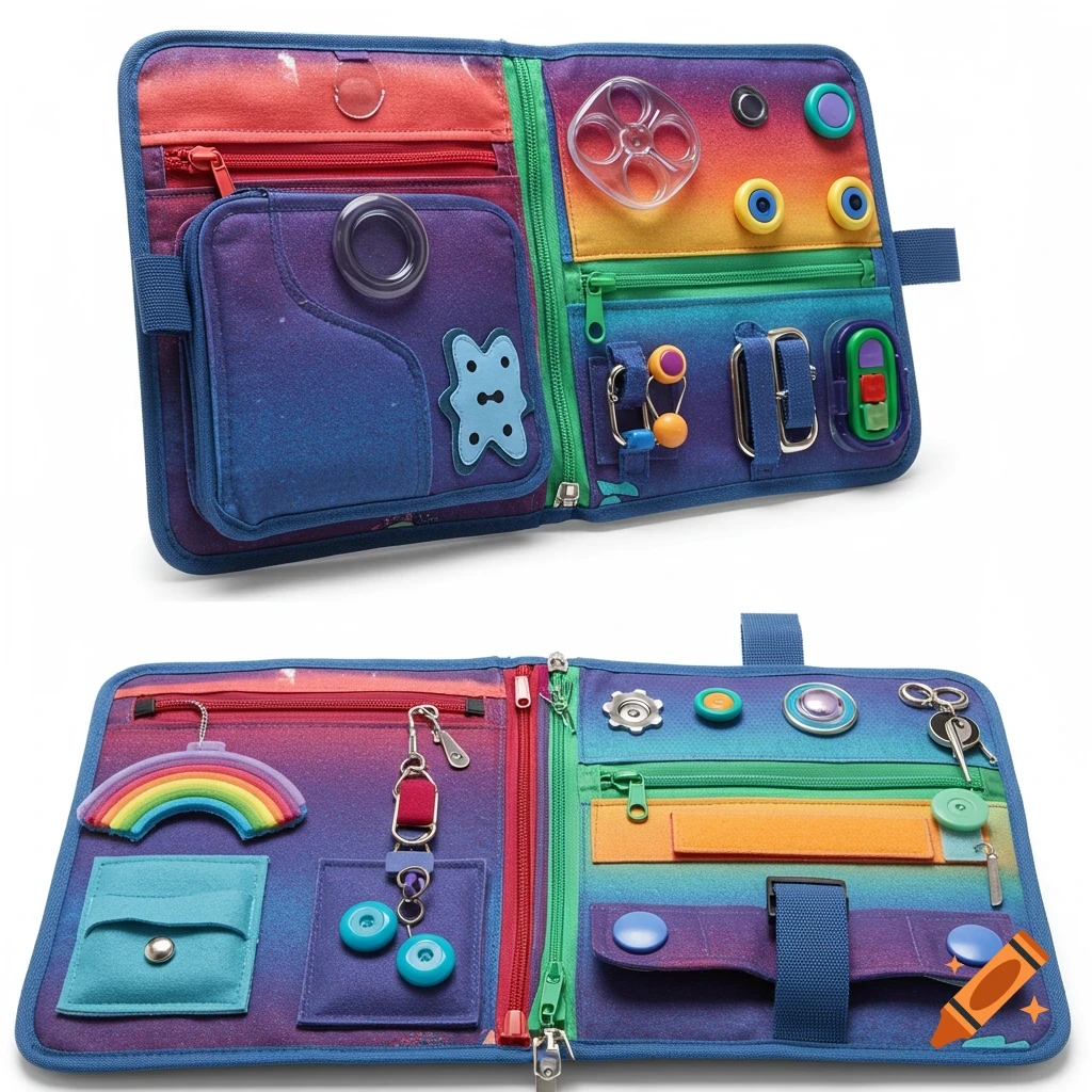 A vibrant, foldable busy board for children with various zippers, buckles, spinners, and keys, shown opened with tactile activities.