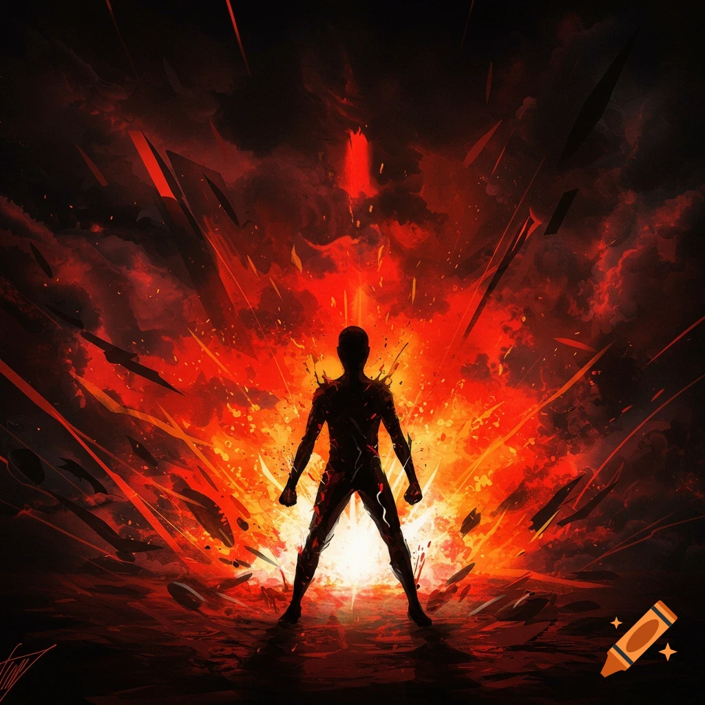 Abstract digital art of a silhouetted human figure engulfed in a fiery red and black explosion, symbolizing rage.