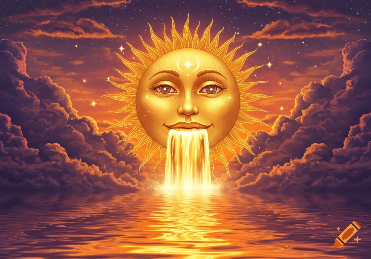 A golden sun with a serene face spouting a glowing waterfall into water at sunset, surrounded by vibrant clouds and stars in a fantasy art style.