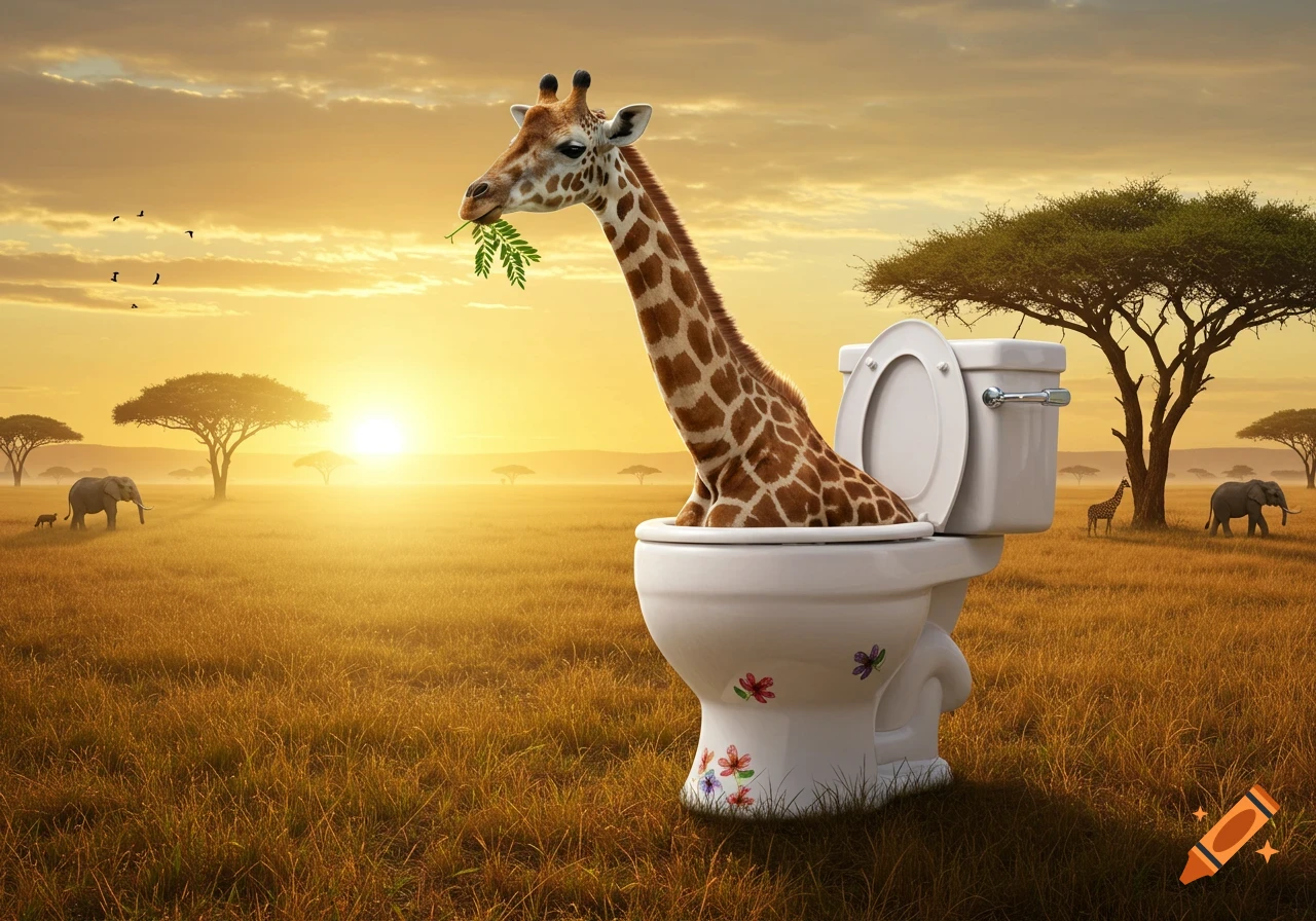 Photorealistic image of a giraffe standing in a toilet in a savanna at sunset, eating leaves.