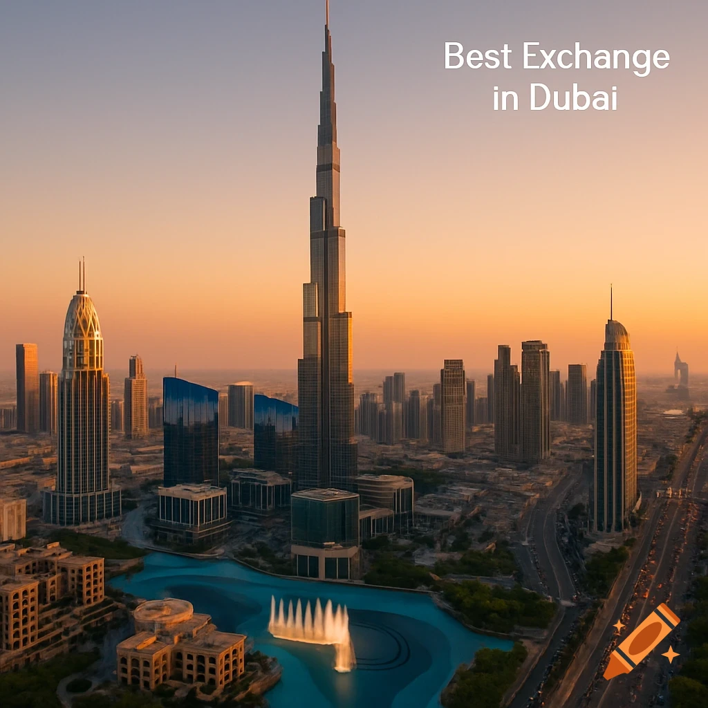 Aerial view of Dubai cityscape at sunset, featuring the Burj Khalifa, surrounding buildings, and a fountain in a lake with text "Best Exchange in Dubai" in the sky.