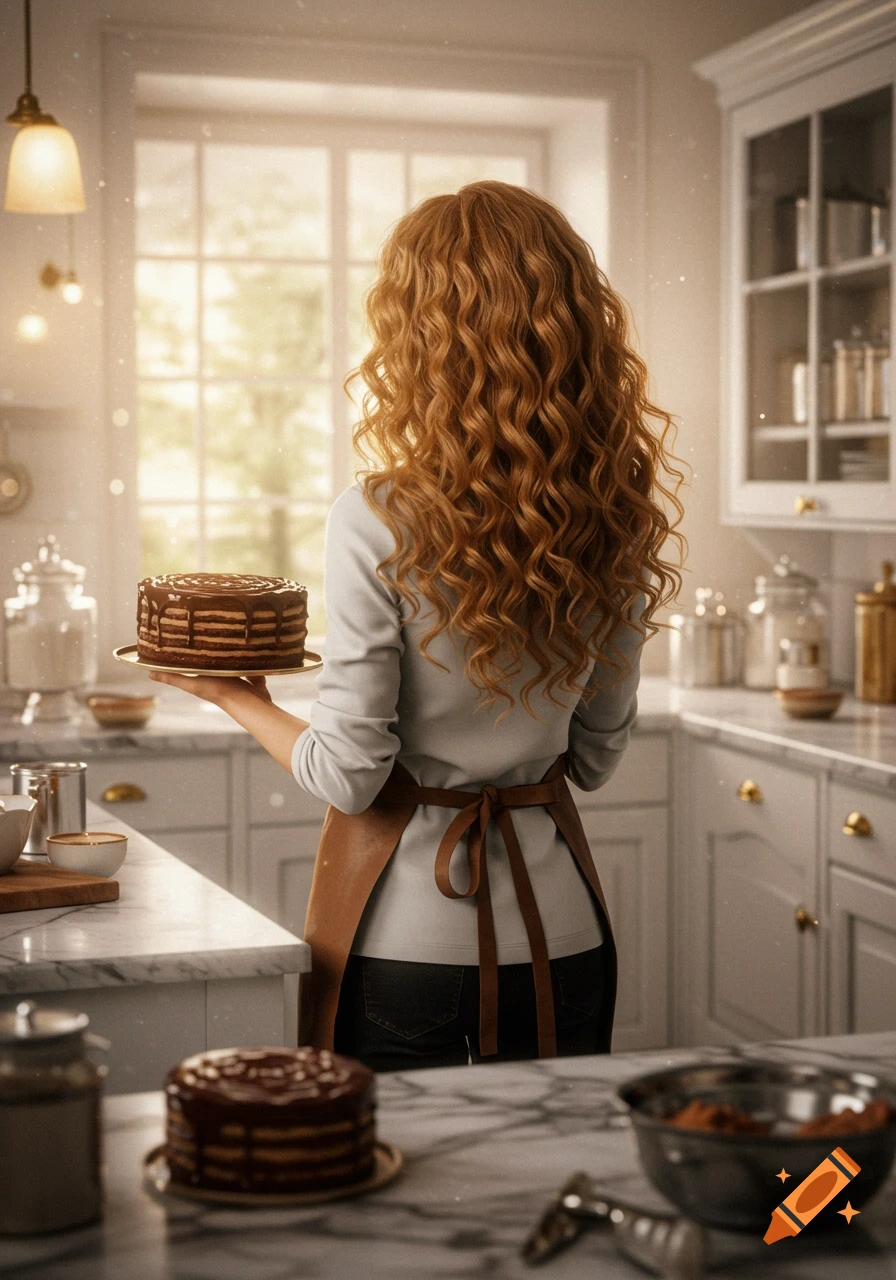 A woman with long, curly auburn hair, seen from behind, holds a chocolate layer cake in a sunlit white kitchen.