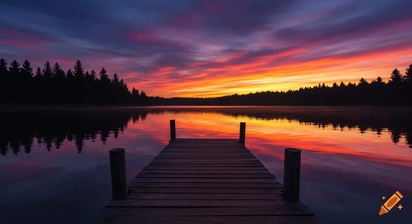 A photorealistic image of a tranquil wooden dock extending into a lake, reflecting a vibrant sunset and silhouetted forest.