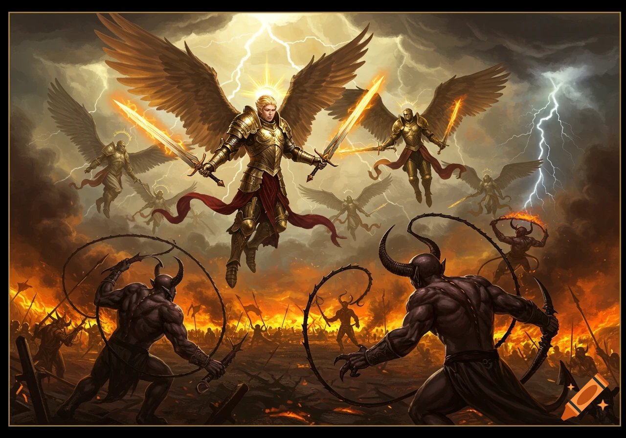 Warrior angels with glowing swords battle horned demons on a fiery, stormy battlefield in a detailed fantasy art style.