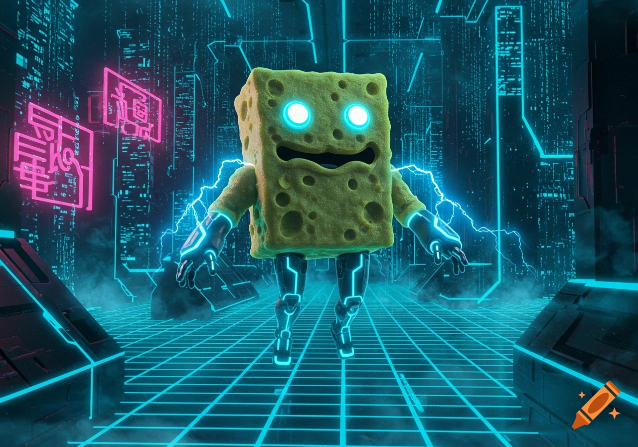 A robotic Spongebob with glowing eyes and cybernetic limbs stands on a neon grid in a dark, futuristic cyberpunk city with lightning.