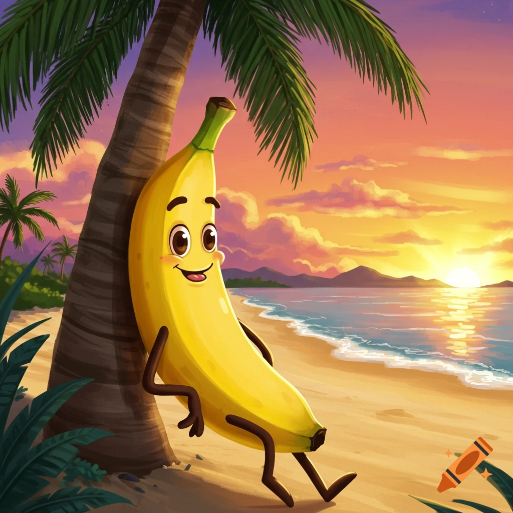 A happy cartoon banana character with arms and legs relaxes on a sandy beach, leaning against a palm tree at sunset over the ocean.