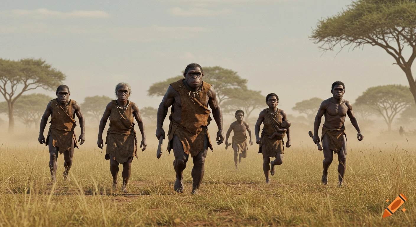 Photorealistic group of Homo habilis, including adults and children, walking through tall grasses in an African savanna.