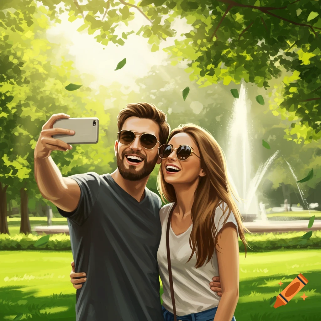 A happy couple in sunglasses takes a selfie in a vibrant, sunny park with a fountain and green trees.