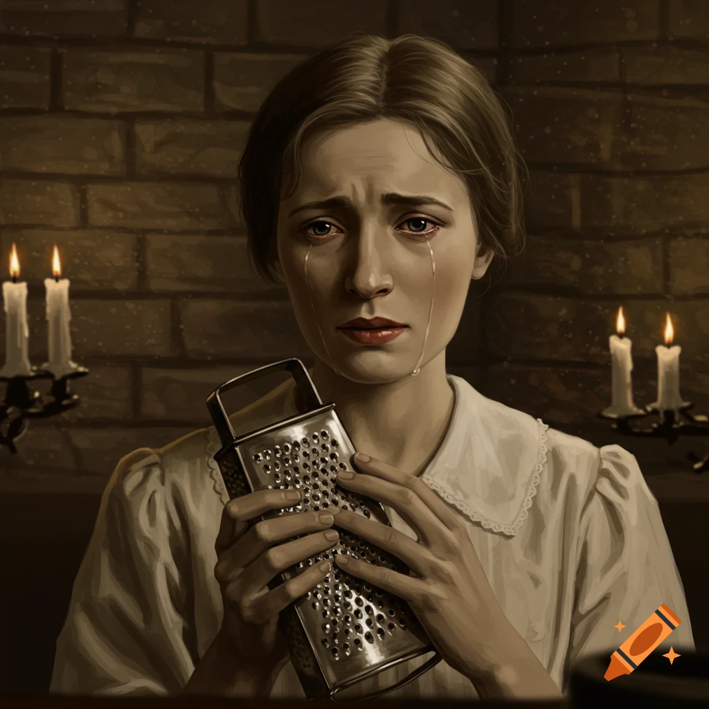 A crying woman in a white dress holds a metal cheese grater, illuminated by candlelight against a brick wall.