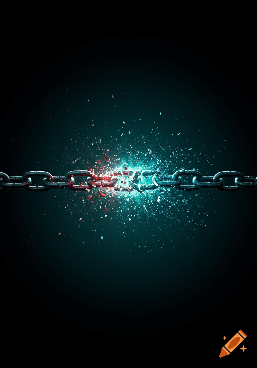 A metal chain breaks in the center, erupting in red and teal light and fragments against a dark, bluish-green background.