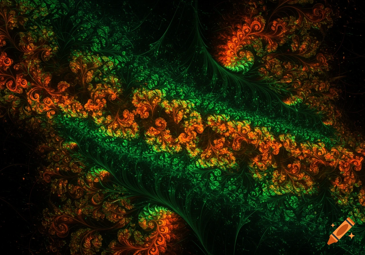 A vibrant abstract fractal pattern featuring swirling orange and green organic shapes against a dark background.