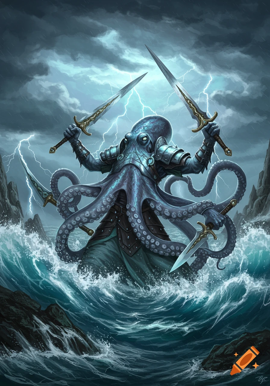 Armored octopus warrior holding multiple swords in a stormy ocean with lightning.