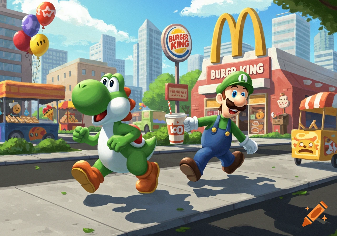 Yoshi and Luigi run on a sidewalk in a cartoon city with fast-food restaurants, including Burger King and McDonald's.