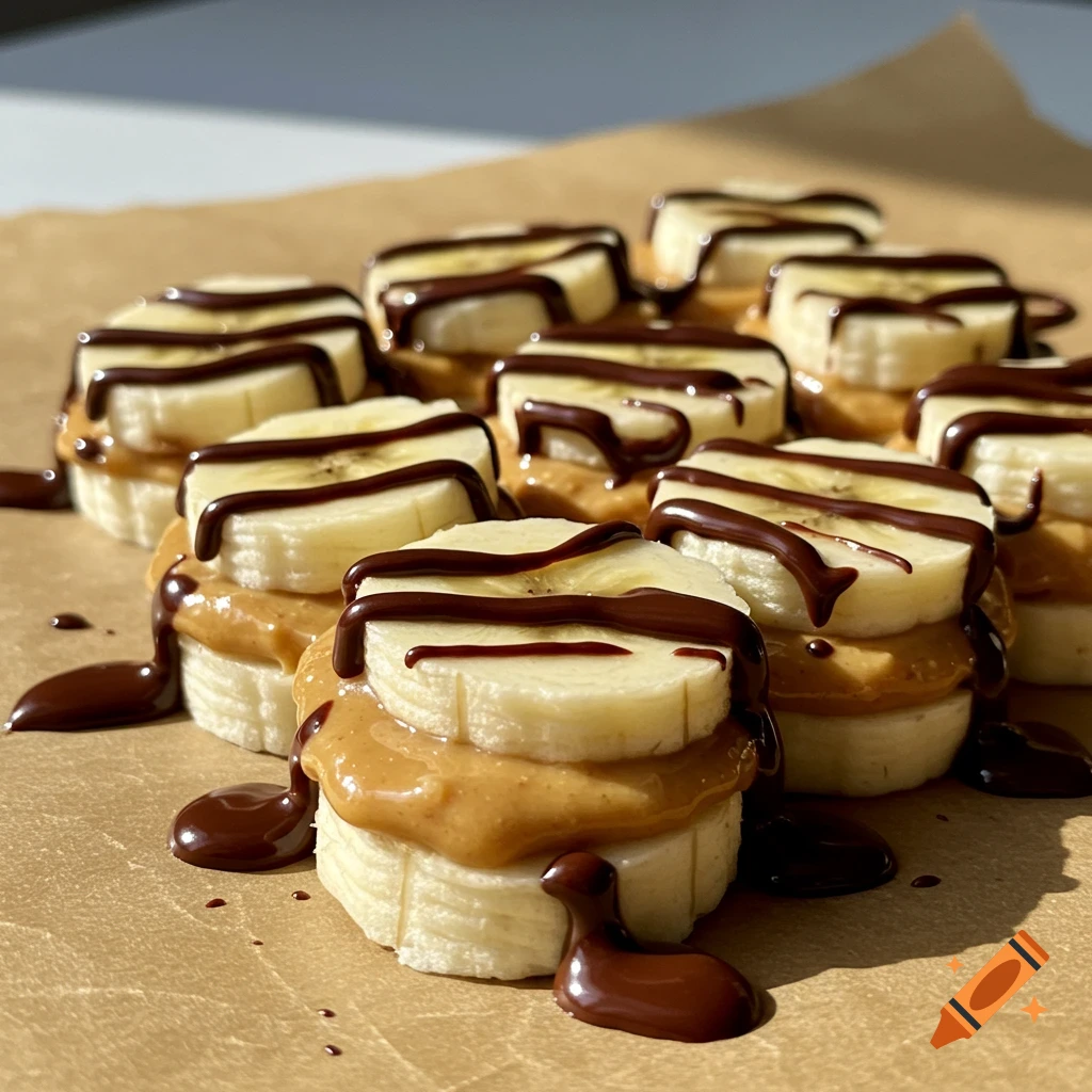Close-up of banana slices layered with creamy peanut butter, drizzled with melted dark chocolate, on parchment paper.