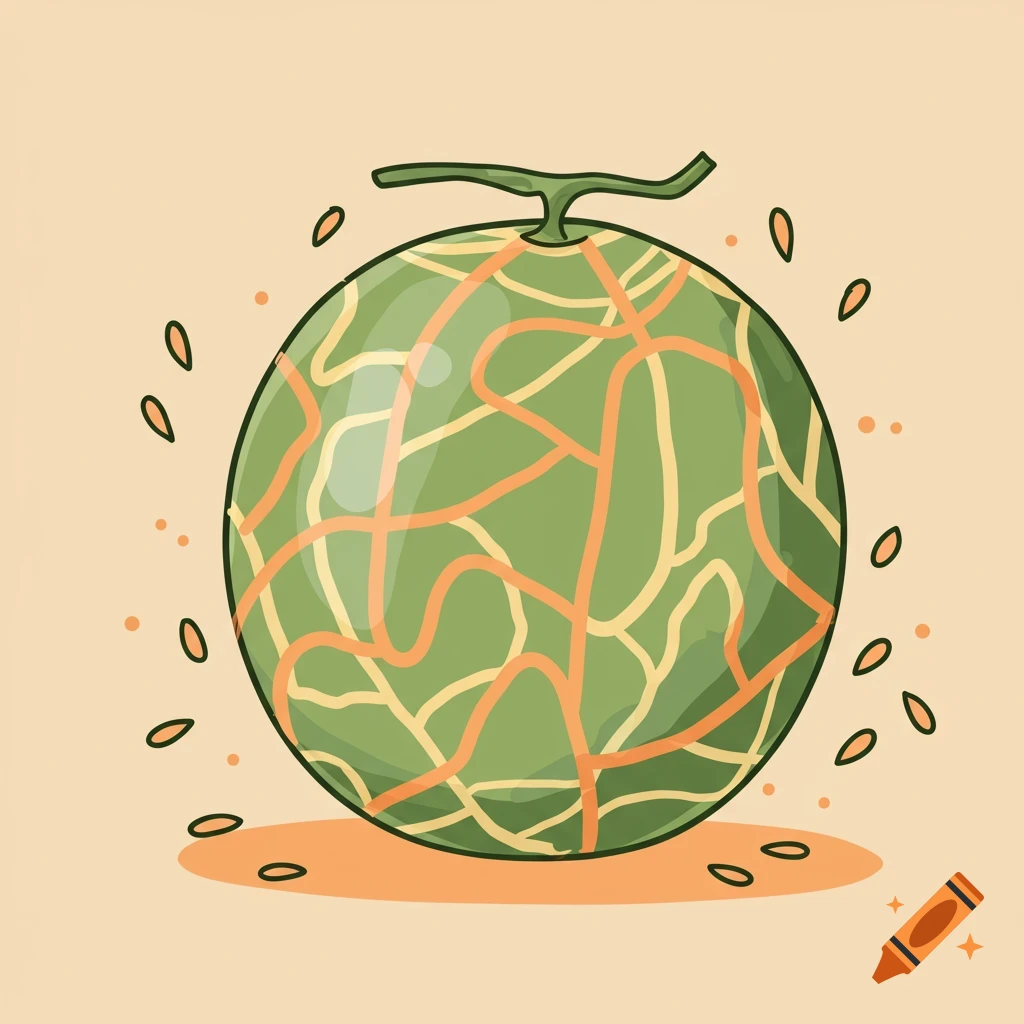 A doodle-style green melon with orange netting, a stem, and scattered seed-like shapes on a pale background.