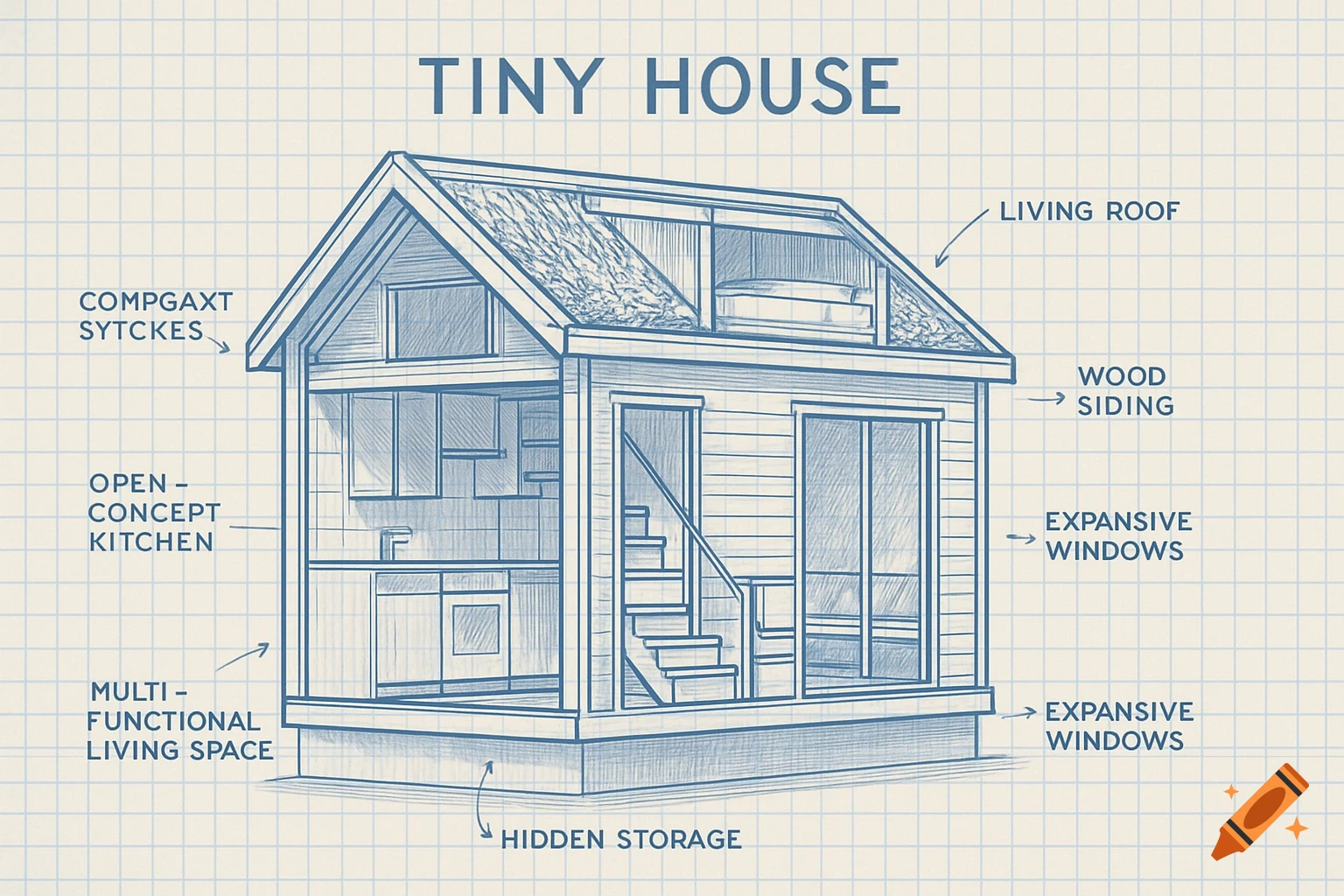 Blueprint diagram of a tiny house with various features labeled, drawn in blue ink on a gridded paper background.