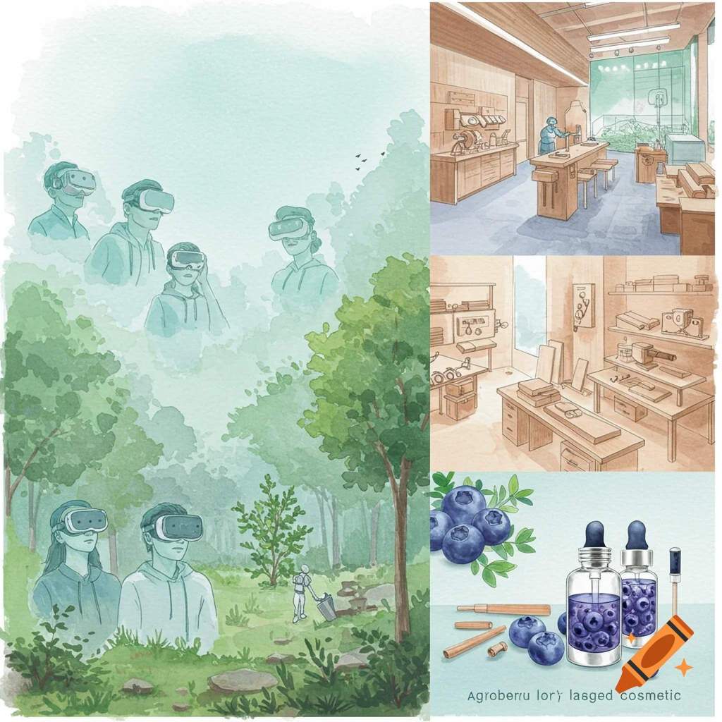 Watercolor collage showing people in VR headsets in an agroforestry environment, a wood workshop, and blueberry-based cosmetic bottles.