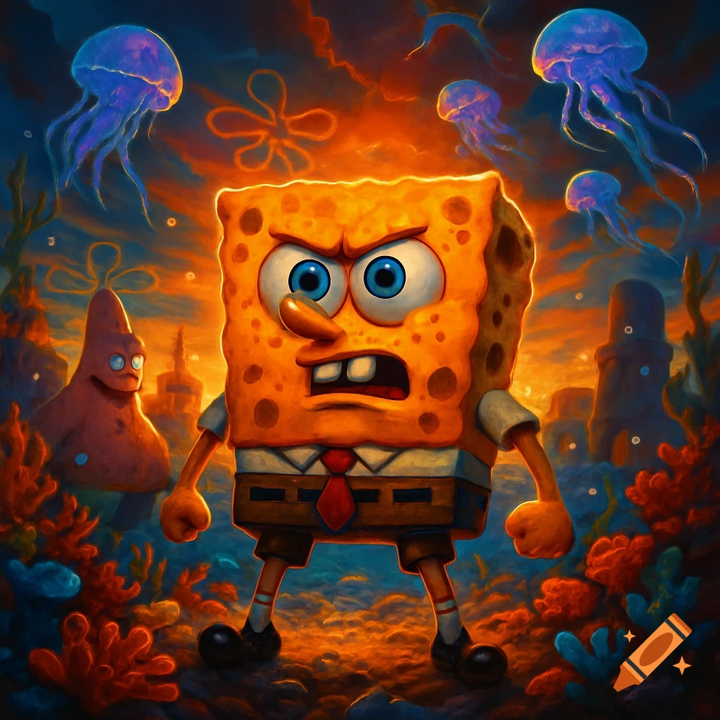 Angry, glowing orange SpongeBob stands in a vibrant, stylized underwater scene with blue jellyfish and a blurry Patrick Star.