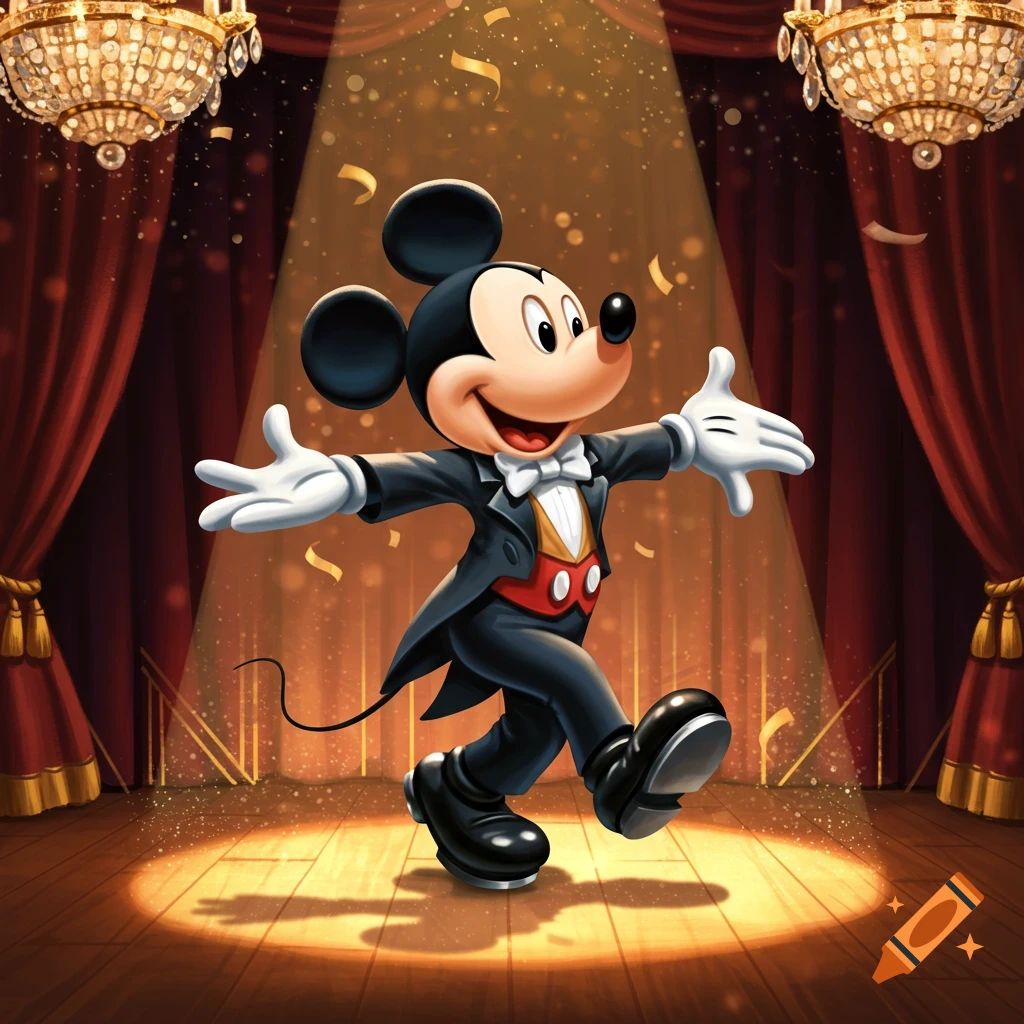 Mickey Mouse in a tuxedo tap dances under a spotlight on a stage with red curtains and chandeliers.