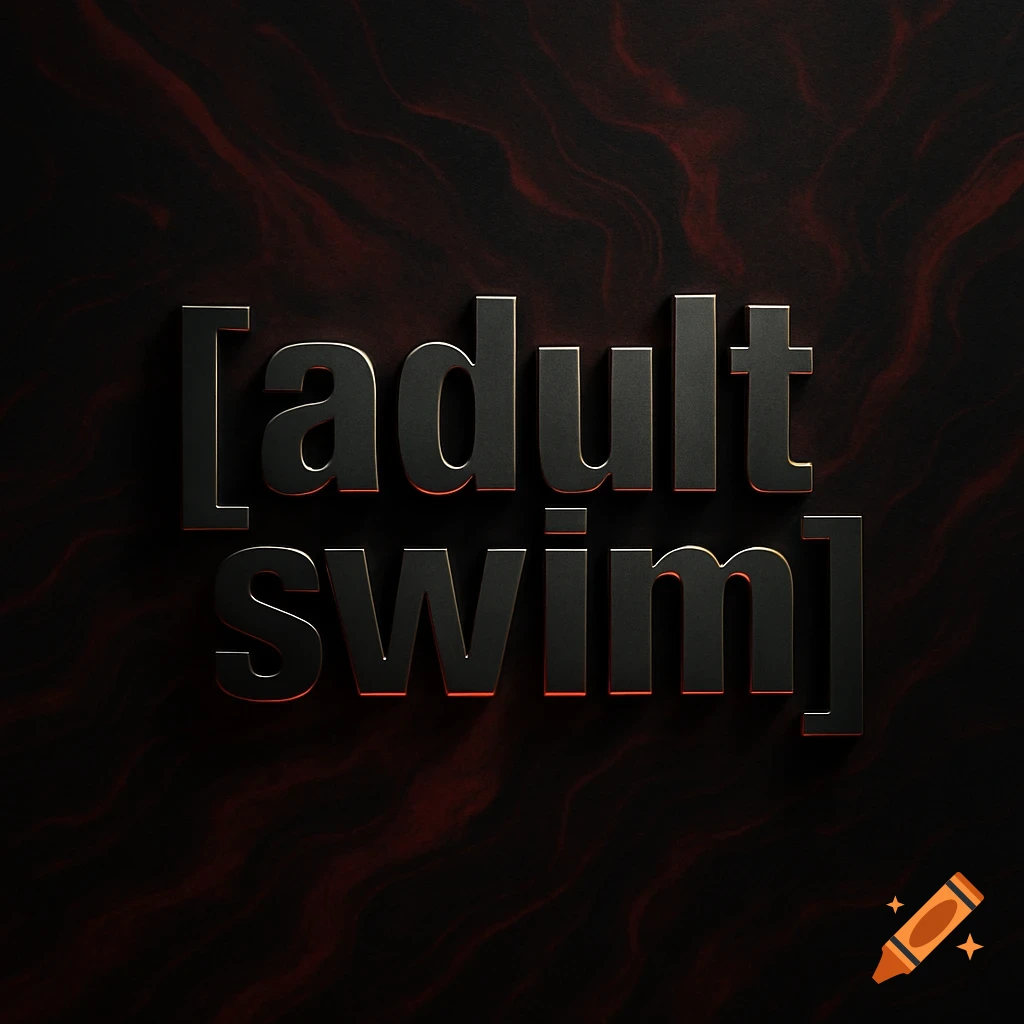 The Adult Swim logo with black 3D letters, a red glow, and a dark red marbled background.