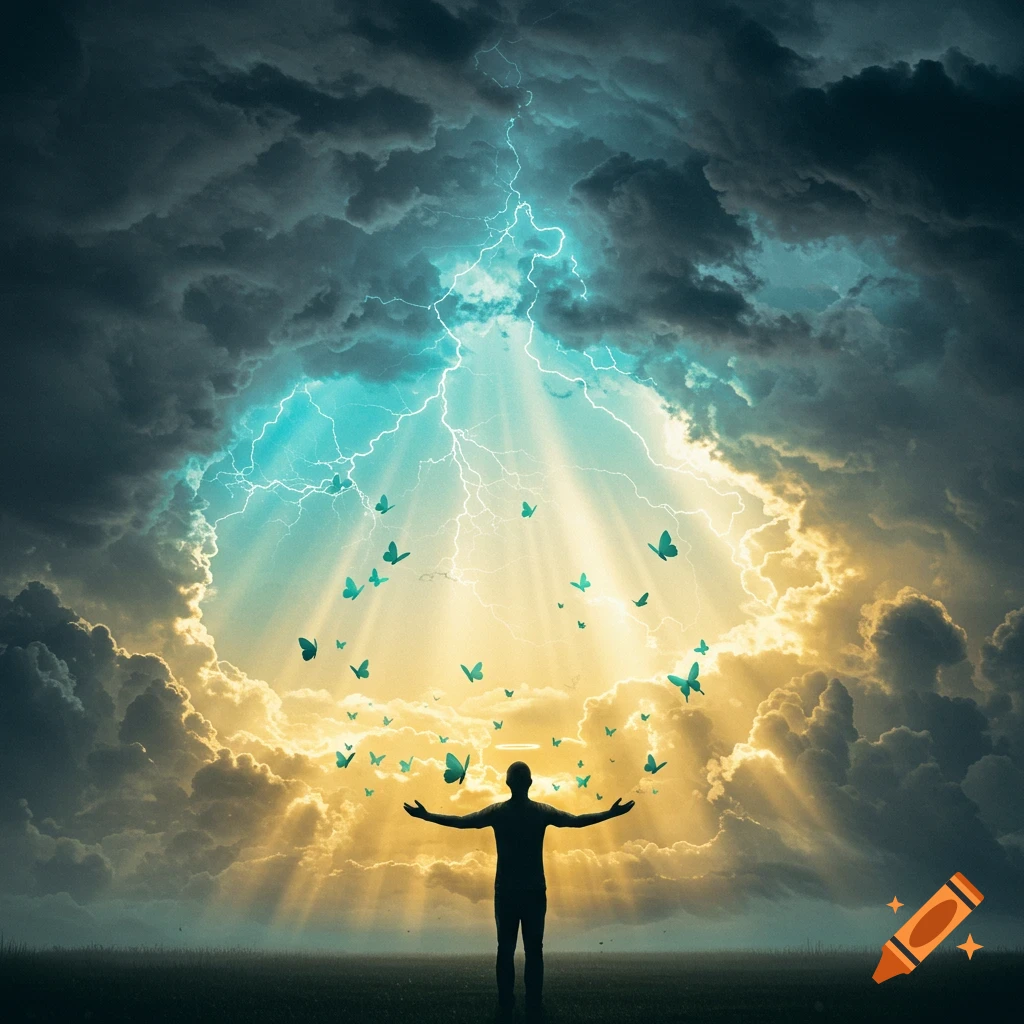 A person's silhouette stands in a field under a stormy sky, bathed in golden light with lightning and teal butterflies.
